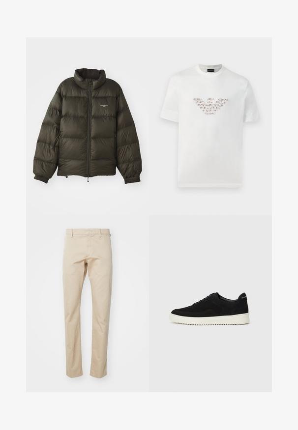 Dark green puffer jacket with a high collar, zip closure, elastic cuffs, and side pockets. Features a quilted texture and minimal branding.; White cotton t-shirt with short sleeves and a crew neckline. Features a central logo design in pink and brown shades.; Beige cotton chinos with a straight leg design, featuring a flat front and belt loops. Smooth texture and minimal detailing.; Black suede sneaker with lace-up design and contrasting white rubber sole. Features textured side panels and subtle branding on the heel.