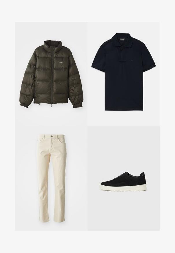 Mörkgrön puffjacka med hög krage, dragkedja, elastiska ärmslut och sidofickor. Har en quiltad textur och minimal varumärkesinformation.; Mörkblå kortärmad polo med krage och subtil logga på vänster bröst, liggande på vit bakgrund.; Beiga bomullbyxor med rak bendesign, som har en klassisk femficksstil och metalldragknappsstängning. Slät textur, inga mönster.; Svarta mockaskor med snörningsdesign och kontrasterande vita gummisulor. Har texturerade sidopaneler och diskret branding på hälen.