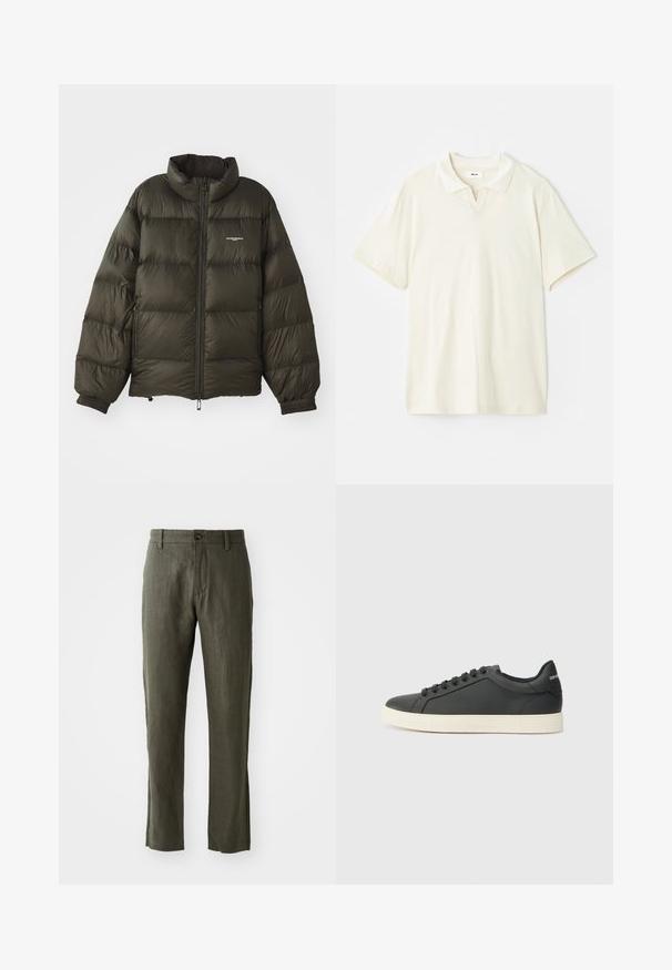 Manteau rembourré vert foncé avec un col haut, fermeture éclair, poignets élastiques et poches latérales. Présente une texture matelassée et un branding minimal.; Polo crème avec un col classique, des manches courtes et un léger décolleté en V. Texture lisse et design minimaliste.; Pantalons en lin vert olive avec une coupe droite, dotés d'une fermeture à bouton à l'avant et de poches latérales. Le tissu a une apparence texturée.; Baskets en cuir noir avec un profil bas, bout rond et fermeture lacée ; elles présentent une semelle en caoutchouc texturée et un détail de logo au niveau du talon.