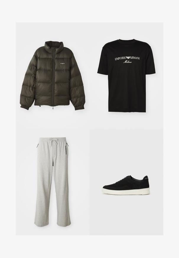 Dark green puffer jacket with a high collar, zip closure, elastic cuffs, and side pockets. Features a quilted texture and minimal branding.; Black cotton T-shirt featuring a round neckline, short sleeves, and "EMPORIO ARMANI" logo in white above "Milano" in a curved design.; Gray sweatpants made of soft fabric, featuring a drawstring waist, side pockets, and a printed logo along the left leg.; Black suede sneaker with lace-up design and contrasting white rubber sole. Features textured side panels and subtle branding on the heel.