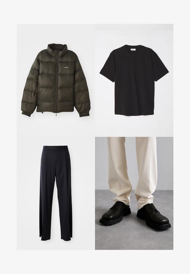 Dunkelgrüne Pufferjacke mit hohem Kragen, Reißverschluss, elastischen Bündchen und Seitentaschen. Verfügt über eine gesteppten Textur und minimalistische Markenkennzeichnung.; Schwarzes Baumwoll-T-Shirt mit Rundhalsausschnitt, kurzen Ärmeln und lockerer Passform. Einfaches Design, glatte Textur und keine sichtbaren Muster oder Logos.; Schwarze, hoch taillierte Hose mit weitem Bein, aus glattem Stoff. Verfügt über vorne gelegte Falten und Gürtelschlaufen. Minimalistisches Design, ohne sichtbare Beschläge.; Schwarze Lederschuhe mit strukturierter Oberfläche, runde Zehenform und Schnürung vorne. Gummisohle mit Profil für besseren Halt, getragen mit cremefarbenen Hosen.