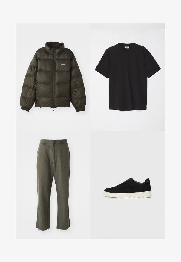 Tume roheline pühi jakk kõrge kraega, lukuga kinnitamine, elastsed mansetid ja küljetaskud. Omab tikanditud tekstuuri ja minimaalset brändingut.; Must must t-särk, millel on ümmargune kaelus, lühikesed varrukad ja lõdva soe. Lihtne disain, sile tekstuur ja nähtamatud mustrid või logod.; Olivroheline lina püksid, sirge lõikega, vöölukudega, ees nupu kinnitusega ja küljetaskutega. Sile tekstuur, minimaalne disain.; Mustad suede jooksujalatsid, millel on paelad ja kontrastne valge kummitald. Omab tekstuuriga külgpaneele ja tagasihoidlikku brändimist kandadel.