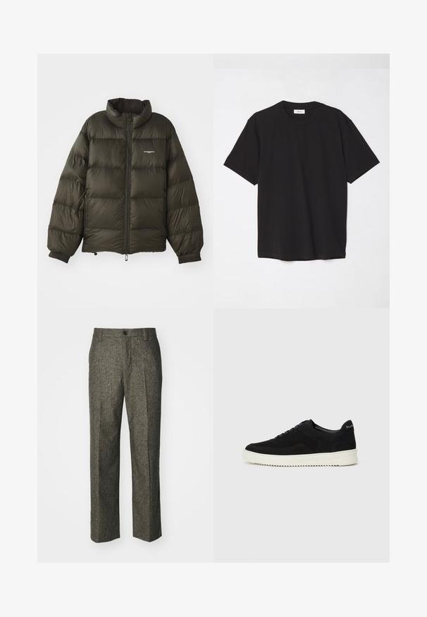 Manteau rembourré vert foncé avec un col haut, fermeture éclair, poignets élastiques et poches latérales. Présente une texture matelassée et un branding minimal.; T-shirt en coton noir avec un col ras du cou, des manches courtes et une coupe décontractée. Design simple, texture lisse, sans motifs ni logos visibles.; Pantalons en mélange de laine de couleur gris foncé avec une coupe droite, dotés d'une fermeture à bouton et d'une texture subtile sur tout le tissu.; Baskets en daim noir avec un design à lacets et une semelle en caoutchouc blanc contrastant. Comprend des panneaux latéraux texturés et un logo subtil sur le talon.