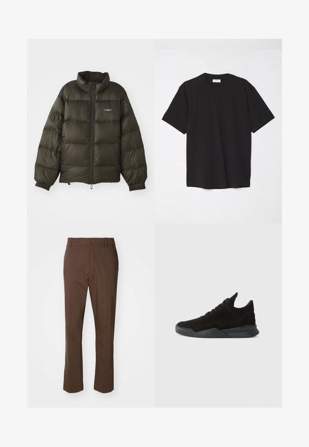 Manteau rembourré vert foncé avec un col haut, fermeture éclair, poignets élastiques et poches latérales. Présente une texture matelassée et un branding minimal.; T-shirt en coton noir avec un col ras du cou, des manches courtes et une coupe décontractée. Design simple, texture lisse, sans motifs ni logos visibles.; NN.07 BILLIE - Pantalon classique - brown; Baskets en suede noir avec un profil bas, une upper texturée, des lacets plats, et une semelle en caoutchouc solide dotée d'un léger talon et d'un design incurvé.