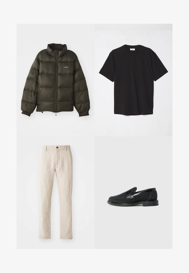 Mörkgrön puffjacka med hög krage, dragkedja, elastiska ärmslut och sidofickor. Har en quiltad textur och minimal varumärkesinformation.; Svart bomulls t-shirt med rund hals, korta ärmar och avslappnad passform. Enkelt mönster, jämn textur och inga synliga mönster eller logotyper.; Beiga linbyxor med slim fit, försedda med en enda brun knappknäppning, raka ben och en texturerad tygfinish.; Svart vävd slip-on sko med en slät läderdetalj på ovansidan, med rund tådesign och en låg gummisula.