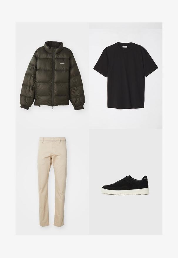 Giacca a vento verde scuro con colletto alto, chiusura zip, polsini elasticizzati e tasche laterali. Presenta una texture trapuntata e un branding minimale.; T-shirt in cotone nero con colletto a girocollo, maniche corte e vestibilità comoda. Design semplice, texture liscia e senza motivi o loghi visibili.; Chino in cotone beige con design a gamba dritta, caratterizzati da un frontale liscio e passanti per cintura. Texture morbida e dettagli minimali.; Sneaker in suede nero con design con lacci e suola in gomma bianca a contrasto. Presenta pannelli laterali testurizzati e un marchio discreto sul tallone.
