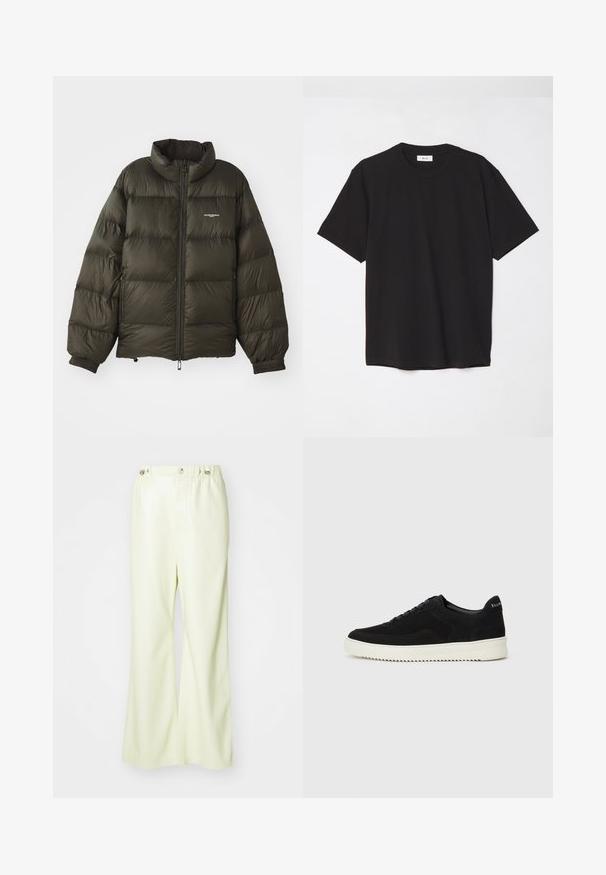 Donkergroene pufferjack met een hoge kraag, ritssluiting, elastische manchetten en zijzakken. Beschikt over een gestikte textuur en minimale branding.; Zwarte katoenen t-shirt met een ronde hals, korte mouwen en een ontspannen pasvorm. Eenvoudig ontwerp, gladde textuur en geen zichtbare patronen of logo's.; Lichtgroene wijde broek van soepel, licht glanzend materiaal. Bevat een knoop- en elastische tailleband, met een schone, op maat gemaakte uitstraling.; Zwarte suède sneakers met vetersluiting en contrasterende witte rubberen zool. Voorzien van textuurpanelen aan de zijkanten en subtiele branding op de hiel.