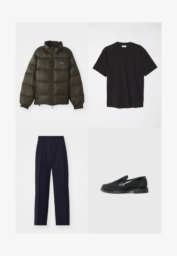 Chaqueta acolchada verde oscuro con cuello alto, cierre de cremallera, puños elásticos y bolsillos laterales. Presenta una textura acolchada y un branding mínimo.; Camiseta de algodón negra con cuello redondo, mangas cortas y un corte relajado. Diseño simple, textura suave y sin patrones o logotipos visibles.; Pantalones azul marino, ajustados, con un diseño de pierna recta, pliegues en la parte delantera, cierre de botón y sin bolsillos visibles. Textura de tela suave.; Zapato negro de tejido con un acento de cuero suave en la parte superior, diseño de punta redonda y suela de goma de perfil bajo.