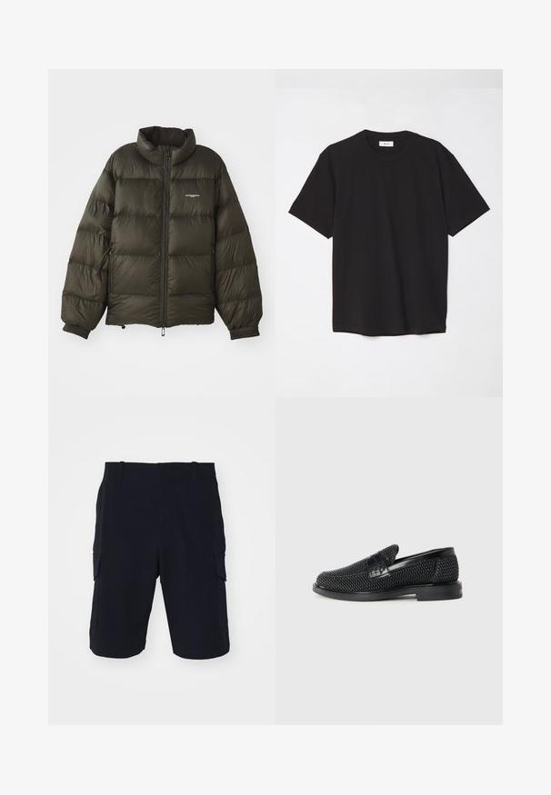 Σκούρο πράσινο μπουφάν puffer με ψηλό γιακά, κλείσιμο με φερμουάρ, ελαστικές μανσέτες και πλαϊνές τσέπες. Διαθέτει επενδυμένη υφή και ελάχιστη επωνυμία.; Μαύρο βαμβακερό μπλουζάκι με στρογγυλή λαιμόκοψη, κοντά μανίκια και άνετη εφαρμογή. Απλός σχεδιασμός, λεία υφή και χωρίς ορατά σχέδια ή λογότυπα.; rag & bone CADE - Σορτς - black; Μαύρο πλεκτό παπούτσι slip-on με λείο δερμάτινο στοιχείο στο άνω μέρος, στρογγυλή μύτη και χαμηλό καουτσούκ πάτο.
