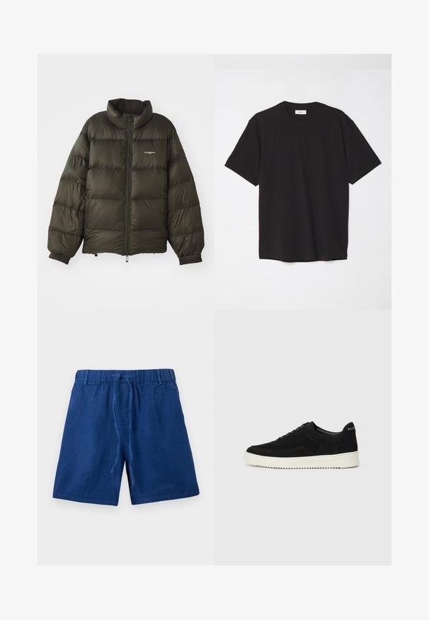 Jachetă pufosă de culoare verde închis, cu guler înalt, închidere cu fermoar, manșete elastice și buzunare laterale. Prezintă o textură matlasată și un branding minimal.; Tricou negru din bumbac, cu guler rotund, mâneci scurte și o croială lejeră. Design simplu, textură netedă și fără modele sau logo-uri vizibile.; Shorts casuali albaștri, cu talie elastică și șnur, fabricate dintr-un material ușor.; Adidași negri din suede cu design cu șireturi și talpă din cauciuc alb contrastant. Prezintă panouri laterale texturate și branding subtil pe toc.