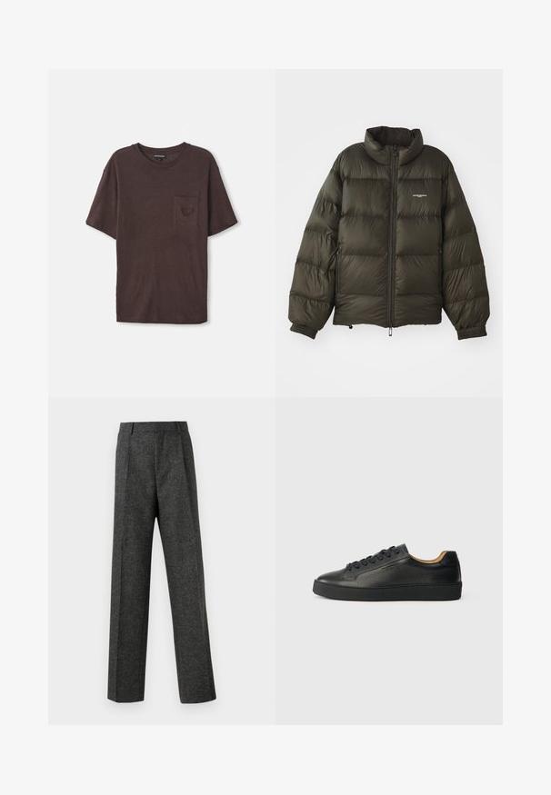 Temno zelena napihnjena jakna z visokim ovratnikom, zadrgo, elastiko na manšetah in stranskimi žepi. Ima prešito teksturo in minimalno oznako.; Rjava kratka majica s kratkimi rokavi iz mehkega, teksturiranega materiala, ki ima majhno žep na levi strani in okroglo ovratnico.; Sive krojene hlače iz teksturirane tkanine, ki imajo dva sprednja nabora in ravno kroj. Brez vidnih žepov ali okrasnih elementov.; Črne nizke usnjene superge z teksturirano površino, črnimi vezalkami in debelim gumijastim podplatom, prikazane s strani na svetli podlagi.