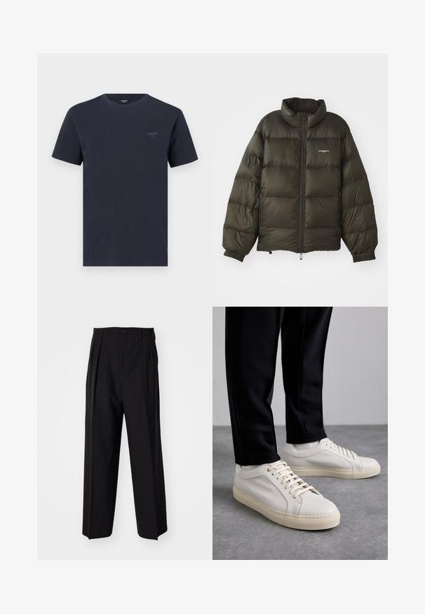Temno zelena napihnjena jakna z visokim ovratnikom, zadrgo, elastiko na manšetah in stranskimi žepi. Ima prešito teksturo in minimalno oznako.; Mornarsko modra bombažna majica s krožnim izrezom, kratkimi rokavi in majhnim blagovnim logotipom v sivi barvi na levem prsnem delu. Gladka tekstura.; Črne nabirane hlače s ravnim, širokim krojem. Narejene so iz gladkega materiala in imajo zadrgo ter pasne zanke.; Svetlo bež usnjeni športni čevlji z ravnimi vezalkami, teksturirano površino in kontrastnim smetanastim gumijastim podplatom, v kombinaciji s črnimi oprijetimi hlačami.