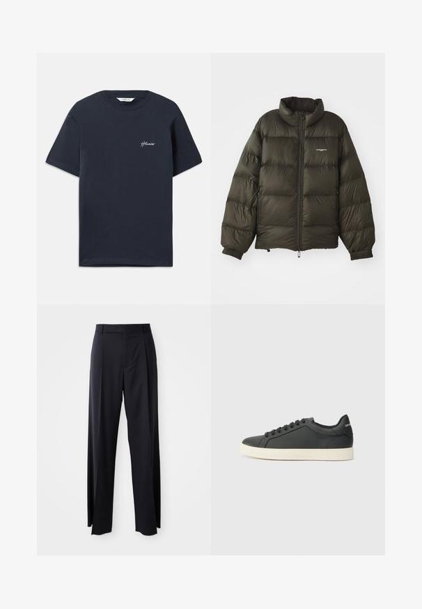 Tmavě zelená péřová bunda s vysokým límcem, zipovým zapínáním, elastickými manžetami a bočními kapsami. Disponuje prošívanou strukturou a minimalistickým brandingem.; Námořnická modrá bavlněná tričko s krátkými rukávy. Má bílé vyšívané logo značky na levé části hrudi. Klasický kulatý výstřih.; Černé kalhoty s vysokým pasem a širokým střihem, vyrobené z hladké látky. Mají přední sklady a poutka na opasek. Minimalistický design, bez viditelného kovového hardwaru.; Černé kožené tenisky s nízkým profilem, zaoblenou špičkou a šněrováním; mají texturovanou gumovou podrážku a logo na patě.