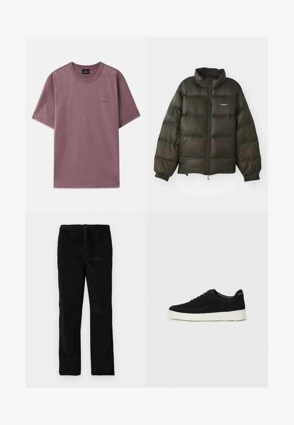 Sötétzöld puffdzseki magas gallérral, cipzáras záródással, elasztikus mandzsettákkal és oldalsó zsebekkel. Steppelt textúrával és minimális logóval rendelkezik.; Rövid ujjú póló tompa mályva színű pamutból, kerek nyakkal és diszkrét grafikai részletekkel a mellkas közelében, kontrasztos varrással.; Fekete, egyenes szárú bársony nadrág, elasztikus derékrésszel és elől húzózsinórral, egyszerű fehér háttér előtt kiemelve.; Fekete velúr sportcipő fűzős dizájnnal és kontrasztos fehér gumitalppal. Jellemzői a textúrázott oldalpanelek és a diszkrét logó a sarokon.
