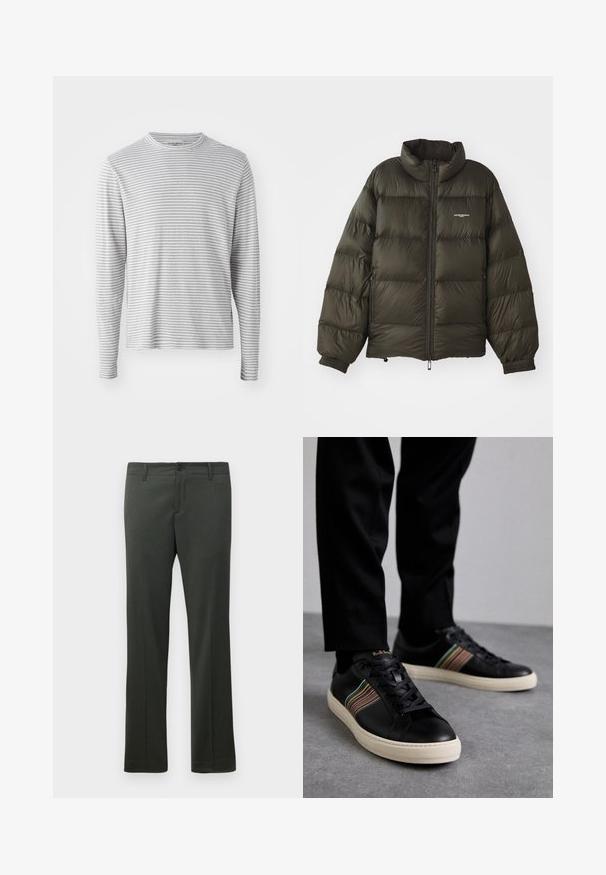 Temno zelena napihnjena jakna z visokim ovratnikom, zadrgo, elastiko na manšetah in stranskimi žepi. Ima prešito teksturo in minimalno oznako.; Srajca z dolgimi rokavi v svetlo sivi barvi z tankimi vodoravnimi črtami. Okrogla vrhnja obrobe, mehka tkanina in sproščen kroj. Brez vidne opreme ali detajlov.; Temnozelene formalne hlače z zankami za pas, sprednjim gumbom za zapiranje in ravnim krojem.; Črne usnjene superge z večbarvnimi črtastimi poudarki, okroglo konico in belimi gumijastimi podplati, z vezalnim dizajnom in embosiranim logotipom.