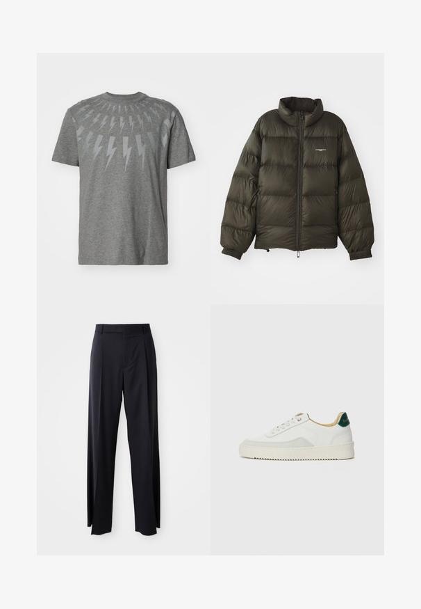 Chaqueta acolchada verde oscuro con cuello alto, cierre de cremallera, puños elásticos y bolsillos laterales. Presenta una textura acolchada y un branding mínimo.; Camiseta de algodón gris con un diseño gráfico de rayos grises claros dispuestos en un patrón circular alrededor del escote.; Pantalones negros de tiro alto con corte de pierna ancha, confeccionados en una tela suave. Presenta pliegues en la parte delantera y trabillas para cinturón. Diseño minimalista, sin hardware visible.; Zapatilla blanca con acentos de ante, puntera redondeada, cordones planos y suela de goma color crema. Presenta un logo verde en el talón.