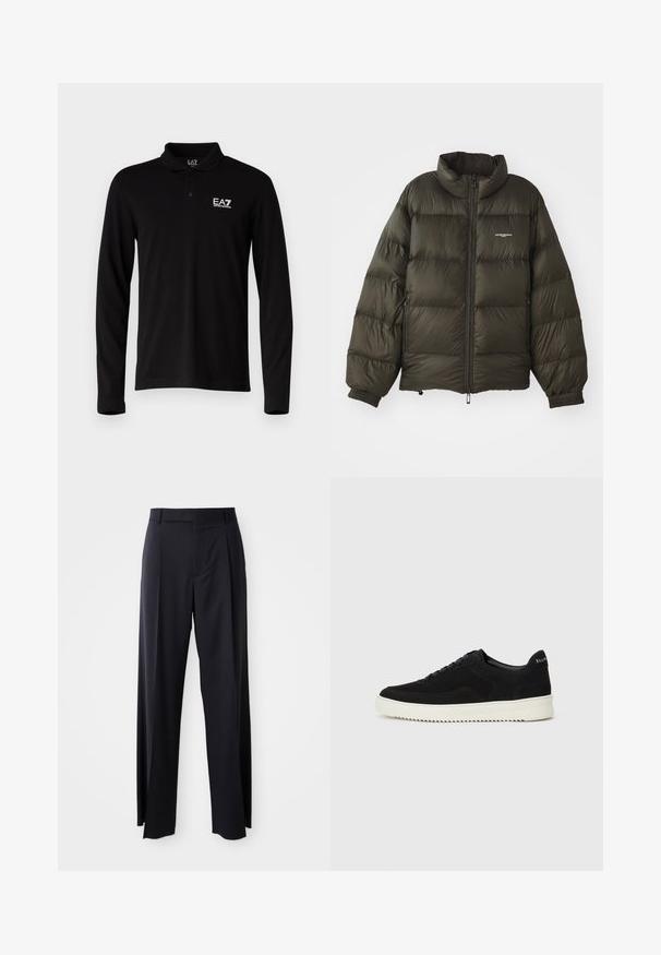 Mörkgrön puffjacka med hög krage, dragkedja, elastiska ärmslut och sidofickor. Har en quiltad textur och minimal varumärkesinformation.; Svart långärmad polotröja i bomull, med en treknapplista och en vit broderad logotyp på vänster bröst.; Svarta, högmidjade byxor med vida ben, gjorda av mjukt tyg. Har framtill veck och bälteshällor. Minimalistisk design, ingen synlig hårdvara.; Svarta mockaskor med snörningsdesign och kontrasterande vita gummisulor. Har texturerade sidopaneler och diskret branding på hälen.