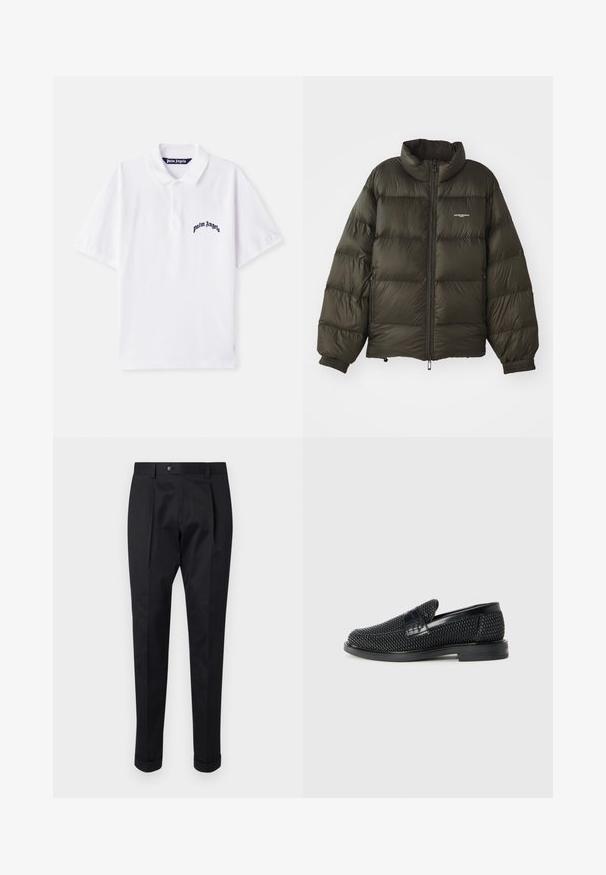 Tume roheline pühi jakk kõrge kraega, lukuga kinnitamine, elastsed mansetid ja küljetaskud. Omab tikanditud tekstuuri ja minimaalset brändingut.; Valge puuvillane lühikeste varrukatega polo särk, mille vasakul rinnal on tumesinine tikitud "Palm Angels" logo.; Mustad püksid siledast kangast, millel on ees voldid, nööbisuletus ja pahkluul keeratud varrukad.; Must musta kootud slip-on king, millel on pehme nahast accent ülaserval, ümmargune varvas ja madal profiiliga kummitald.
