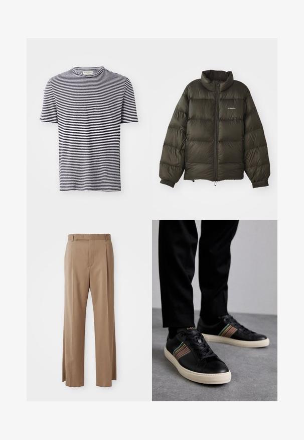 Mørkegrøn pufferjakke med høj krave, lynlås foran, elastiske manchetter og sidelommer. Har en quiltet struktur og minimal branding.; T-shirt med korte ærmer i bomuld og rund hals, der har vekslende marineblå og hvide vandrette striber. Simpelt, afslappet design.; Lysebrune skræddersyede bukser med lige ben, bæltestropper, front søm og skjult lukning, præsenteret fladt på hvid baggrund.; Sorte lædersneakers med flerfarvede stribede accenter, rund tå og hvide gummisåler, med snørebånd og prægede branding.