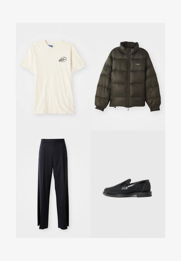 Dark green puffer jacket with a high collar, zip closure, elastic cuffs, and side pockets. Features a quilted texture and minimal branding.; Cream-colored cotton t-shirt with a round neckline and short sleeves. Features a small logo in black and colored dots on the left chest.; Black, high-waisted trousers with a wide-leg cut, made of smooth fabric. Features front pleats and belt loops. Minimalistic design, no visible hardware.; Black woven slip-on shoe with a smooth leather accent on the upper, a round toe design, and a low-profile rubber sole.