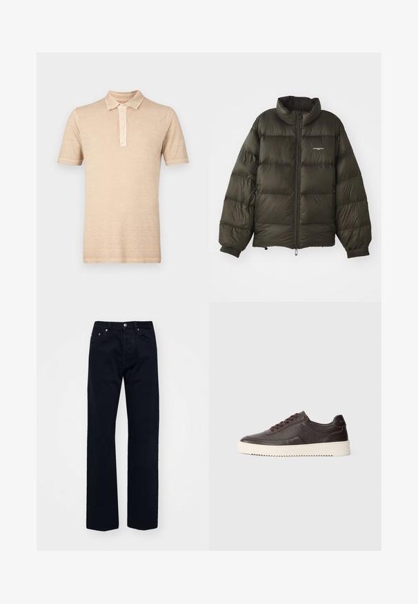 Dunkelgrüne Pufferjacke mit hohem Kragen, Reißverschluss, elastischen Bündchen und Seitentaschen. Verfügt über eine gesteppten Textur und minimalistische Markenkennzeichnung.; Beige Polohemd mit kurzen Ärmeln, einer Knopfleiste mit drei Knöpfen und einem strukturierten Stofffinish. Lässiges Design mit klassischem Kragen.; Schwarze Denim-Jeans mit geradem Bein, ausgestattet mit einem Knopf- und Reißverschluss, fünf Taschen und tonal abgesteppten Nähten.; Dunkelbraune Leder-Sneaker mit strukturiertem Finish, runder Zehenpartie und kontrastierender cremefarbener Gummisohle. Verfügt über Schnürsenkel und dezente Nähdetails.
