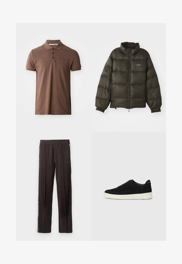 Tumši zaļš pūkains jaka ar augstu apkakli, rāvējslēdzēju, elastīgām aprocēm un sānu kabatām. Tam ir quilted (izšūta) tekstūra un minimāls zīmols.; Brūna polo krekls, kas izgatavots no kokvilnas, ar klasisku apkakli, trim pogām un īsām piedurknēm; uz krūts ir izšūts logo.; Melni sporta bikses, izgatavotas no mīksta auduma, ar elastīgu jostasvietu, divām sānu kabatām un baltiem sānu svītrām. Klasisks taisnās kājas griezums.; Melnas zamšas kedas ar auklām un kontrastējošu baltu gumijas zoli. Iekļauj teksturētas sānu panēles un diskretu zīmolu uz papēža.