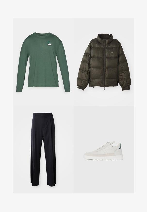 Tume roheline pühi jakk kõrge kraega, lukuga kinnitamine, elastsed mansetid ja küljetaskud. Omab tikanditud tekstuuri ja minimaalset brändingut.; Tume rohelise värvi pikkade varrukatega T-särk, valmistatud pehmest puuvillast. Rindkerel on väike valge graafika rohelise mütsiga. Ümar kaelus.; Mustad, kõrge vöökohtaga püksid laia säärte lõikega, valmistatud siledast kangast. Omab ees plekke ja vöörihmade jaoks silmuseid. Minimalistlik disain, nähtavat riistvara pole.; Valged nahkstennised hallide seemisnahast detailidega, paeltega sulgemine, tõmmetab, ning reljeefne kummisoont, millel on siksakmuster.