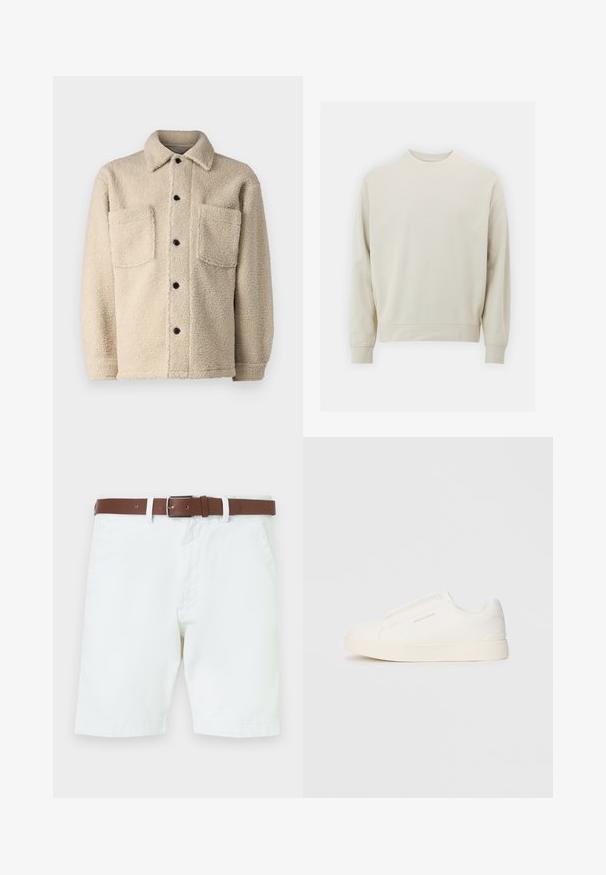 Béžová bunda z fleecu s podšívkou, s golierom, dvoma prednými vreckami a čiernymi gombíkmi na zapínanie. Textúrovaná tkanina s viditeľnými stehovými detailami.; Svetlo béžová mikina vyrobená z mäkkej tkaniny s okrúhlym výstrihom, dlhými rukávmi a pruhovanými manžetami a lemom. Minimalistický dizajn, bez viditeľných vzorov.; Biele bavlnené šortky s hnedým koženým opaskom so striebornou sponou. Zapínanie na cvok a zips, bočné vrecká a zahnuté manžety.; Biele slip-on tenisky s textúrovaným povrchom, hrubou podrážkou a minimalistickým dizajnom. Obsahuje logo značky na boku.