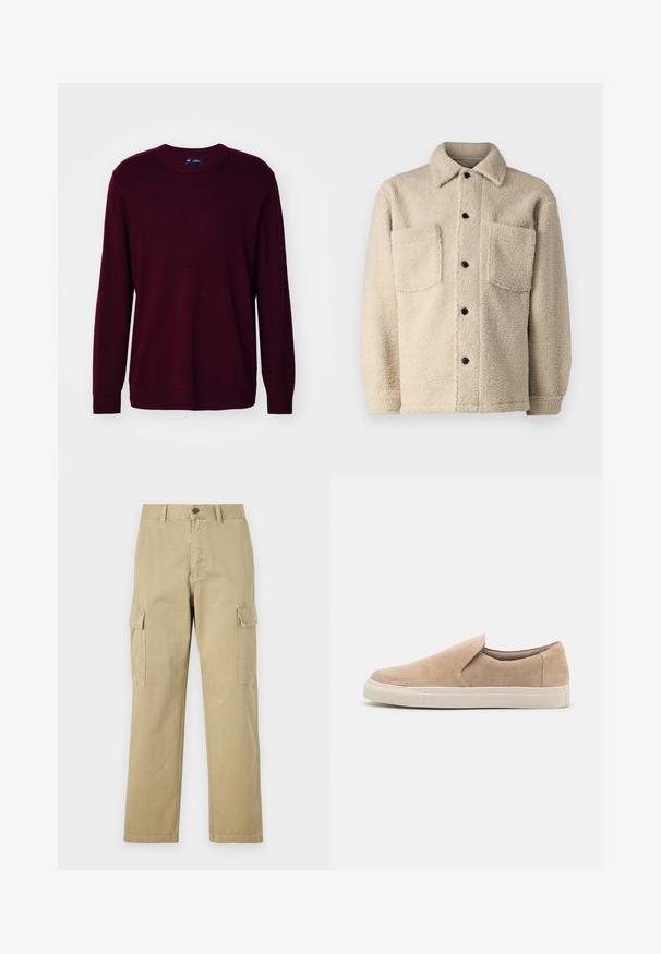 Beige, bolyhos bélésű dzseki gallérral, két elülső zsebbel és fekete gombokkal. Texturált anyag, látható varrás részletekkel.; GAP CASHSOFT CREW - Pulóver - noir red; Beige vászon cargo nadrág, két oldalsó zsebbel, gombos záródással, egyenes lábakkal és enyhén texturált anyagból készült.; Beige színű, velúr slip-on cipő, lekerekített orral, elasztikus oldalakkal és fehér, texturált gumitalppal.