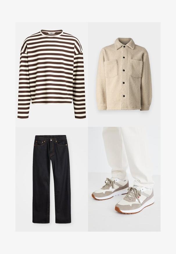 Beige, fleece-lined jacket with a collar, two front pockets, and black button closures. Textured fabric with visible stitching detail.; Brown and cream striped long-sleeve top with a rounded neckline, ribbed texture, and dropped shoulder seams, featuring a cropped cut.; Men’s straight-leg black denim jeans with five pockets and orange stitching, button and zip closure on front waistband.; Beige and gray sneakers with a mix of suede and mesh materials. Features a white midsole and a gum rubber outsole. Standard lace-up design.