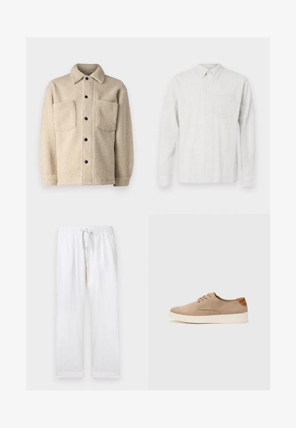Béžová bunda z fleecu s podšívkou, s golierom, dvoma prednými vreckami a čiernymi gombíkmi na zapínanie. Textúrovaná tkanina s viditeľnými stehovými detailami.; Dlhý rukáv košeľa na gombíky svetlosivej farby s textúrovaným kockovaným vzorom, prednou vreckom a klasickým golierom. Vyrobená z tkaného materiálu.; Biele voľné nohavice so elastickým pásom a nastaviteľnou šnúrkou. Obsahujú bočné vrecká a mäkkú bavlnenú textúru.; Béžové semišové tenisky s okrúhlou špičkou, šnurovaním vpredu a textúrovaným zadným akcentom. Biela gumová podrážka poskytuje kontrast. Jednoduchý a moderný dizajn.