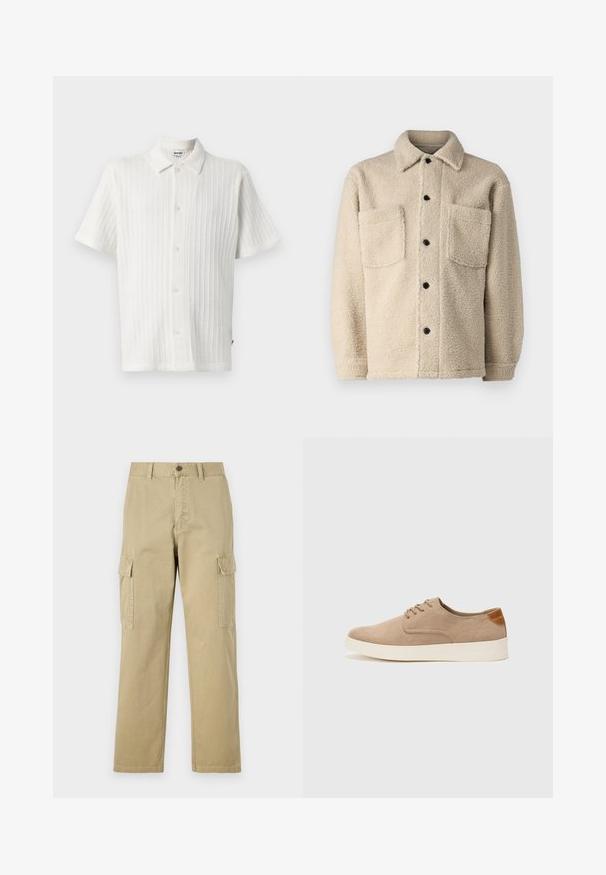 Chaqueta de lana forrada en color beige, con cuello, dos bolsillos frontales y cierres de botón negros. Tejido texturizado con costuras visibles.; Camisa de manga corta, blanca, con un diseño texturizado y estriado. Presenta un cuello tipo pico y seis botones en la parte delantera para el cierre.; Pantalones cargo beige de algodón, con dos bolsillos laterales, cierre de botón y perneras rectas con una tela ligeramente texturizada.; Zapatillas de ante beige con puntera redondeada, cordones en la parte delantera y un acento texturizado en la parte trasera. La suela de goma blanca proporciona contraste. Diseño sencillo y moderno.