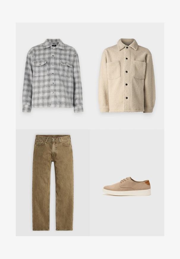 Beige, fleece-lined jacket with a collar, two front pockets, and black button closures. Textured fabric with visible stitching detail.; Gray and white checkered flannel shirt with a soft texture, featuring a button-up front, two chest pockets, and long sleeves.; Light brown denim jeans with a straight leg design, five-pocket styling, and copper-tone hardware. Textured fabric with visible stitching details.; Beige suede sneakers with a rounded toe, lace-up front, and a textured back accent. White rubber sole provides contrast. Simple and modern design.
