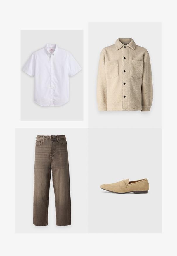 Beige, fleece-lined jacket with a collar, two front pockets, and black button closures. Textured fabric with visible stitching detail.; Short-sleeve white shirt in cotton, featuring a button-down collar, subtle texture, curved hem, and traditional button closure.; Brown wide-leg jeans made from denim. Features a zip fly, belt loops, and five pockets. The fabric shows a faded, textured appearance.; Suede loafers in beige with a slight shine, featuring a rounded toe, slip-on design, and a low brown heel. Subtle stitching detail.