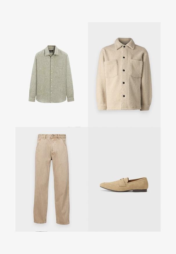 Beige, fleecegefütterte Jacke mit Kragen, zwei Fronttaschen und schwarzen Knöpfen. Texturiertes Material mit sichtbaren Nähten.; Helles, grünes Langarm-Hemd mit Knopfleiste aus strukturiertem Stoff. Es verfügt über eine Brusttasche und einen klassischen Kragen mit Knopfverschluss.; Beige Denim-Jeans mit geradem Beinschnitt, ausgestattet mit Vordertaschen, einem Metallknopfverschluss und feiner Textur.; Beige Wildleder-slipper mit leichtem Glanz, runder Zehenform, praktischer Schlupf-Design und niedrigem braunen Absatz. Dezente Steppnähte.