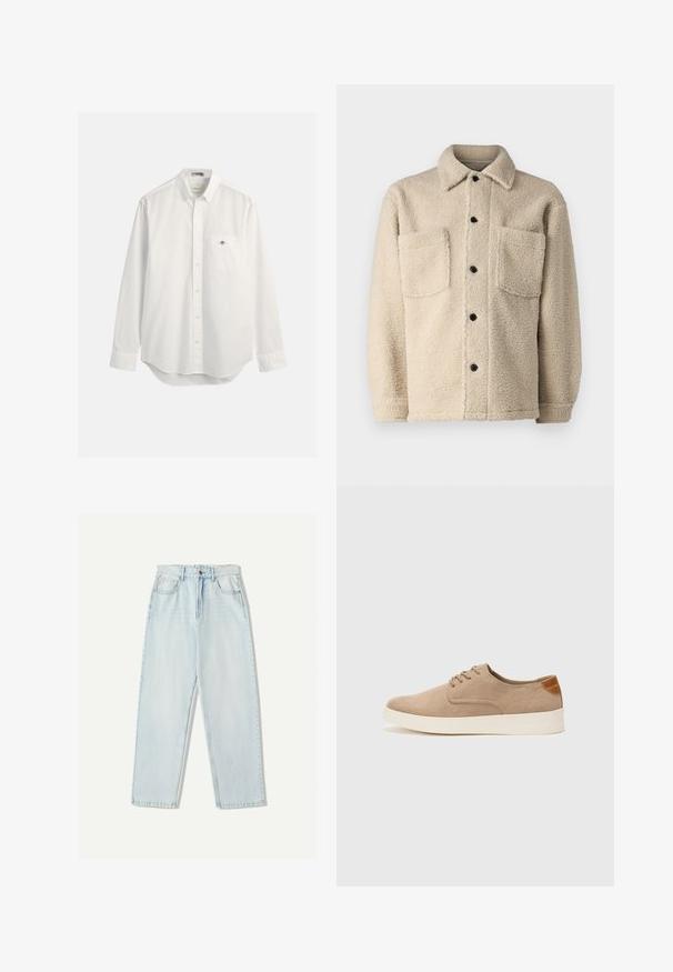 Beige bunda s fleecovou podšívkou, s límcem, dvěma předními kapsami a černými knoflíky. Texturovaná látka s viditelným prošíváním.; Bílá košile na knoflíky vyrobená z bavlny, obsahující náprsní kapsu a malé logo. Dlouhé rukávy a mírně zaoblený spodní lem.; Světle modré džíny s volným střihem, rovnými nohavicemi, pěti kapsami a jemným vyblednutím látky.; Béžové semišové tenisky s kulatou špičkou, šněrováním vpředu a texturovaným zadním akcentem. Bílá gumová podrážka poskytuje kontrast. Jednoduchý a moderní design.