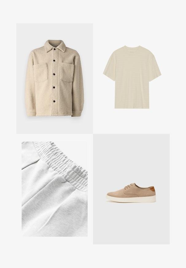 Beżowa kurtka ocieplana polarem, z kołnierzem, dwoma przednimi kieszeniami i czarnymi guzikami. Teksturowany materiał z widocznymi detalami szwów.; Kremowa, krótko rękawowa koszulka z delikatną teksturą w paski i okrągłym dekoltem, wykonana z lekkiego materiału.; Szare bawełniane dresy z elastycznym paskiem w talii, z bocznymi kieszeniami i miękkim, teksturowanym materiałem dla komfortu.; Beżowe zamszowe sneakersy z okrągłym noskiem, sznurowanym przodem i teksturowanym akcentem na tyle. Biała gumowa podeszwa tworzy kontrast. Prosty i nowoczesny design.