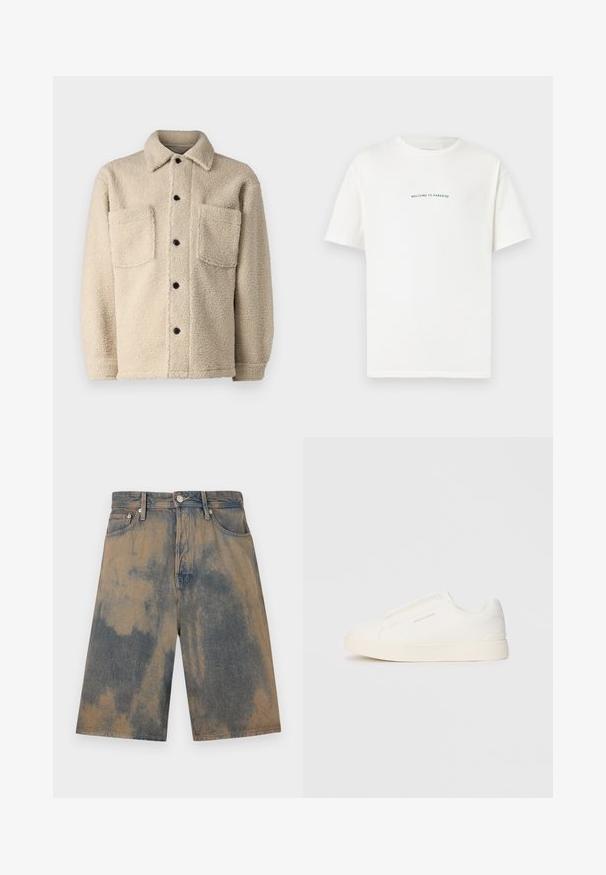 Šviesiai rudas, vilnos pamušalu striukė su apykakle, dviem priekinėm kišenėm ir juodais sagomis. Teksūruotas audinys su matomais siuvimo detalėmis.; Balta medvilninė marškinėliai trumpomis rankovėmis ir apvaliu iškirpimu. Viduryje esantis tekstas sako "SVEIKI ATVYKĘ Į PARADISĄ" kreiptu žaliu šriftu.; Denimo šortai su išblukusia mėlynai ir bežine tinkleliu dažymo efektu, turintys klasikinį penkių kišenių dizainą ir metalinius detalių akcentus.; Baltos slip-on sportbačiai su tekstūruota paviršiumi, storesniu padu ir minimalistišku dizainu. Šone matosi prekės ženklo logotipas.