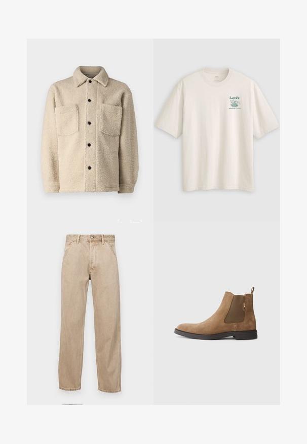 Jachetă bej, căptușită cu fleece, cu guler, două buzunare frontale și închideri cu butoane negre. Material texturat cu detalii de cusătură vizibile.; Tricou alb din bumbac cu mâneci scurte, cu logo și text Lev's verde pe partea stângă a pieptului. Croială lejeră, textură netedă.; Jeans din denim bej cu un design drept, care prezintă buzunare frontale, închidere cu buton metalic și o textură subtilă.; Boots Chelsea din suede maro, cu panouri elastice pe lateral și o bucată de prindere. Prezintă un vârf rotunjit și o talpă plată din cauciuc pentru stabilitate.