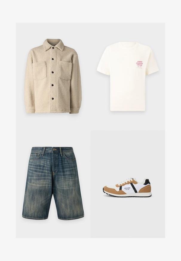 Šviesiai rudas, vilnos pamušalu striukė su apykakle, dviem priekinėm kišenėm ir juodais sagomis. Teksūruotas audinys su matomais siuvimo detalėmis.; Balta trumpa rankovėmis marškinėliai su raudonu užrašu "Studio Originals Edition" kairiajame krūtinės šone, rodomi neutralioje pilkoje aplinkoje.; Šviesiai mėlyni džinsiniai šortai su išblukusiu plovimu, turintys penkis kišenes, diržo kilpas ir mygtuko uždarymą liemens srityje.; Retro stiliaus sportbačiai su balta, tan zomša, juodais akcentais, baltais raišteliais ir "Jack & Jones EST. 1990" logotipu šone.