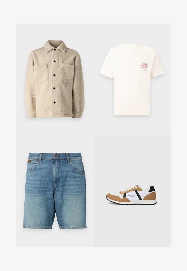 Bežs, flīsa oderēts mētelis ar apkakli, divām priekšējām kabatām un melniem pogu aizdariem. Strukturēta auduma ar redzamām šuvēm detaļām.; Balts īsām piedurknēm T-krekls ar sarkanu tekstu "Studio Originals Edition" uz kreisā krūšu, pakārtots neitrālā pelēkā fonā.; Gaišā ziliem džinsu šortiem ir klasiskā 5 kabatu dizains, pogu aizdare un viegla norakšana. Tīra apakšmala un redzama tekstūra.; Retro stila sneakeri ar baltu, brūnu zamšu, melniem akcentiem, baltām siksnām un "Jack & Jones EST. 1990" logo sānos.