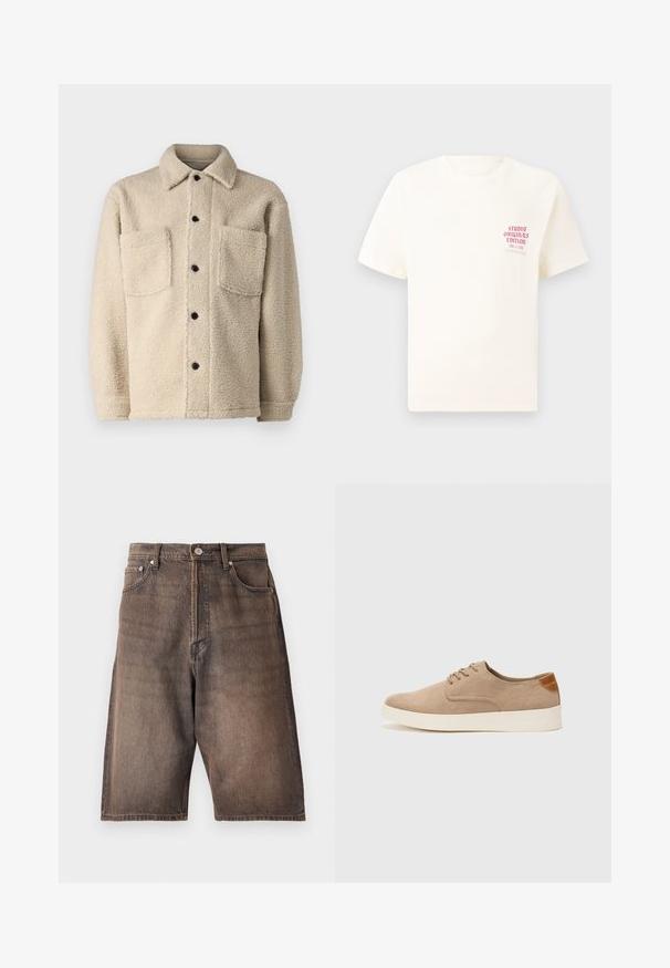 Šviesiai rudas, vilnos pamušalu striukė su apykakle, dviem priekinėm kišenėm ir juodais sagomis. Teksūruotas audinys su matomais siuvimo detalėmis.; Balta trumpa rankovėmis marškinėliai su raudonu užrašu "Studio Originals Edition" kairiajame krūtinės šone, rodomi neutralioje pilkoje aplinkoje.; Fosforo džinsiniai šortai išblukusios rudos spalvos su tiesiu kirpimu. Yra penki kišenės, diržo kilpos ir mygtuko užsegimas liemens srityje.; Bežiniai zomšiniai sportbačiai su apvaliomis pirštų dalimis, raišteliais priekyje ir tekstūruotu užkulniu. Balta guma suteikia kontrastą. Paprastas ir modernus dizainas.