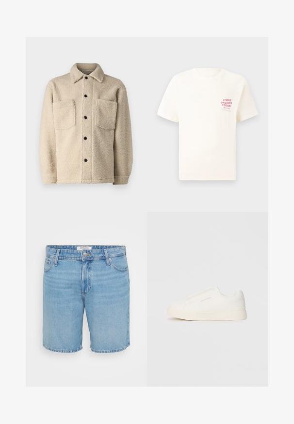 Bežs, flīsa oderēts mētelis ar apkakli, divām priekšējām kabatām un melniem pogu aizdariem. Strukturēta auduma ar redzamām šuvēm detaļām.; Balts īsām piedurknēm T-krekls ar sarkanu tekstu "Studio Originals Edition" uz kreisā krūšu, pakārtots neitrālā pelēkā fonā.; Gai zilu denima šorti ar klasisku piegriezumu, piecu kabatu dizains, ar pogu aizdari un smalku izbalējumu. Gluda tekstūra, ar šūtām malu apdari.; Baltas slip-on sporta apavi ar teksturētu virsmu, biezu zoli un minimālistisku dizainu. Sānos redzams zīmola logotips.