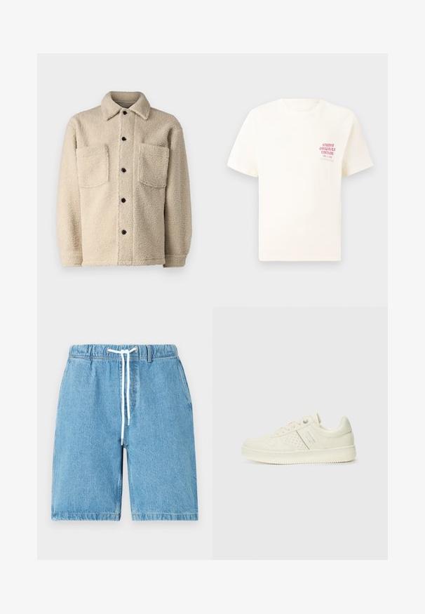 Jachetă bej, căptușită cu fleece, cu guler, două buzunare frontale și închideri cu butoane negre. Material texturat cu detalii de cusătură vizibile.; Tricou alb cu mânecă scurtă, având text roșu "Studio Originals Edition" pe partea stângă a pieptului, expus pe un fundal gri neutru.; Shorts din denim albastru deschis cu talie elastică, șnur alb și o croială lejeră. Prezentând o textură netedă și margini tivite.; Adidași crem cu detalii perforate, șireturi și logo pe lateral, expuși pe un fundal alb simplu.