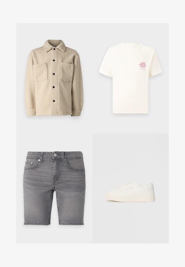 Béžová bunda z fleecu s podšívkou, s golierom, dvoma prednými vreckami a čiernymi gombíkmi na zapínanie. Textúrovaná tkanina s viditeľnými stehovými detailami.; Biele tričko s krátkym rukávom s červeným textom "Studio Originals Edition" na ľavej hrudi, zobrazené na neutrálnom šedom pozadí.; Sivé deninové šortky s piatimi vreckami, zipsom, striebornými kovovými doplnkami a mierne vyblednutou textúrou. Lem je strihaný nad kolenom.; Biele slip-on tenisky s textúrovaným povrchom, hrubou podrážkou a minimalistickým dizajnom. Obsahuje logo značky na boku.