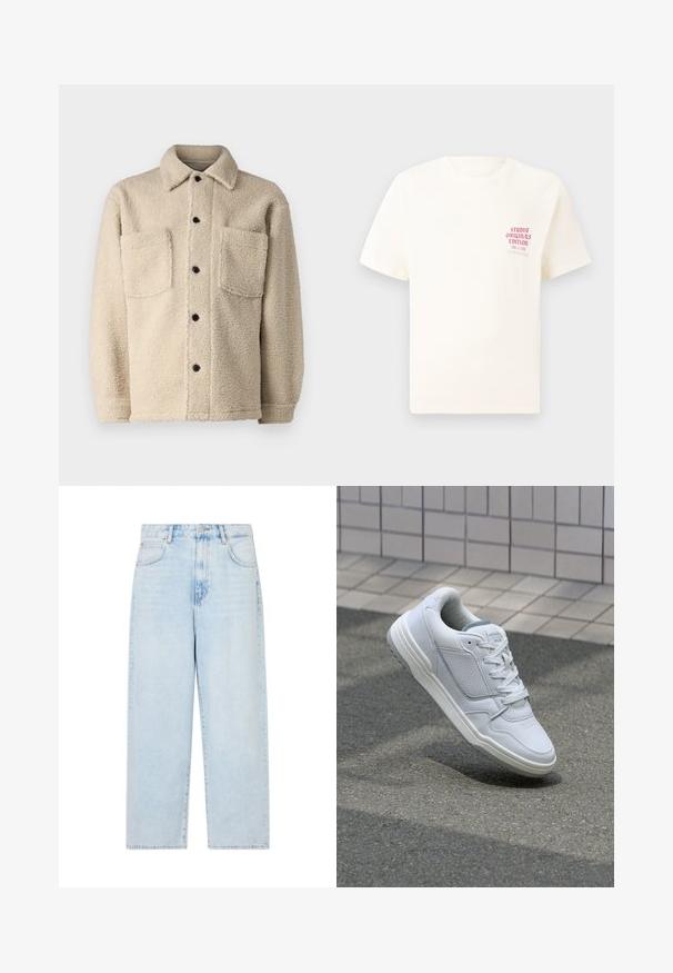 Beige, fleece-lined jacket with a collar, two front pockets, and black button closures. Textured fabric with visible stitching detail.; White short-sleeve T-shirt with red text "Studio Originals Edition" on left chest, displayed on a neutral gray background.; Light blue denim wide-leg jeans with a high waist, five pockets, and a button closure. Smooth texture with a faded wash finish.; White leather sneaker with perforated sides, textured accents, flat laces, and a contrasting gray heel. Features a slightly elevated sole.
