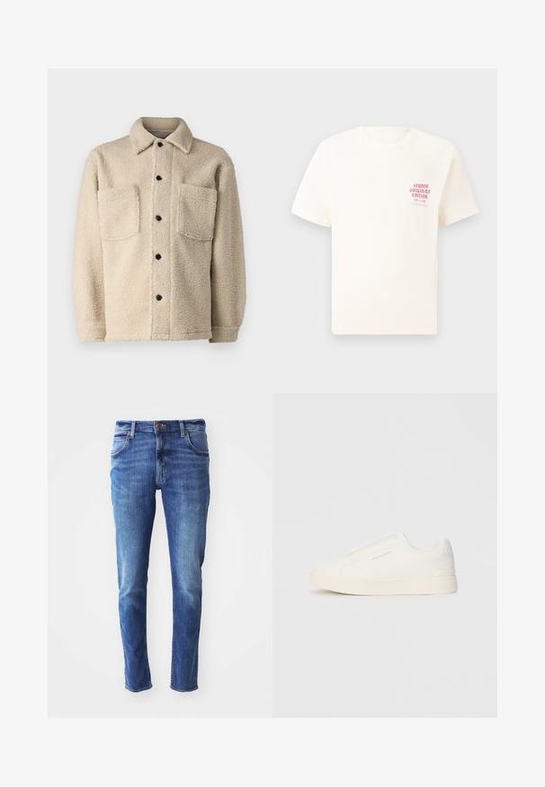 Beige, fleece'iga voodriga jakk, millel on kaelus, kaks esipoolset taskut ja mustad nupud. Tekstureeritud kangas nähtava õmbluse detailiga.; Valge lühikeste varrukatega T-särk, millel on vasakul rinnal punane tekst "Studio Originals Edition", esitatud neutraalsel hallil taustal.; Sinine teksariie slim-fit lõikega, viie taskuga ja kerge kulumisjälgiga. Omab bränditud nööbi ja tõmbluku sulgemist.; Valged libisemiskindlad tossud tekstuuriga pinnaga, paksu tallaga ja minimalistikus disainis. Küljel on brändi logo.