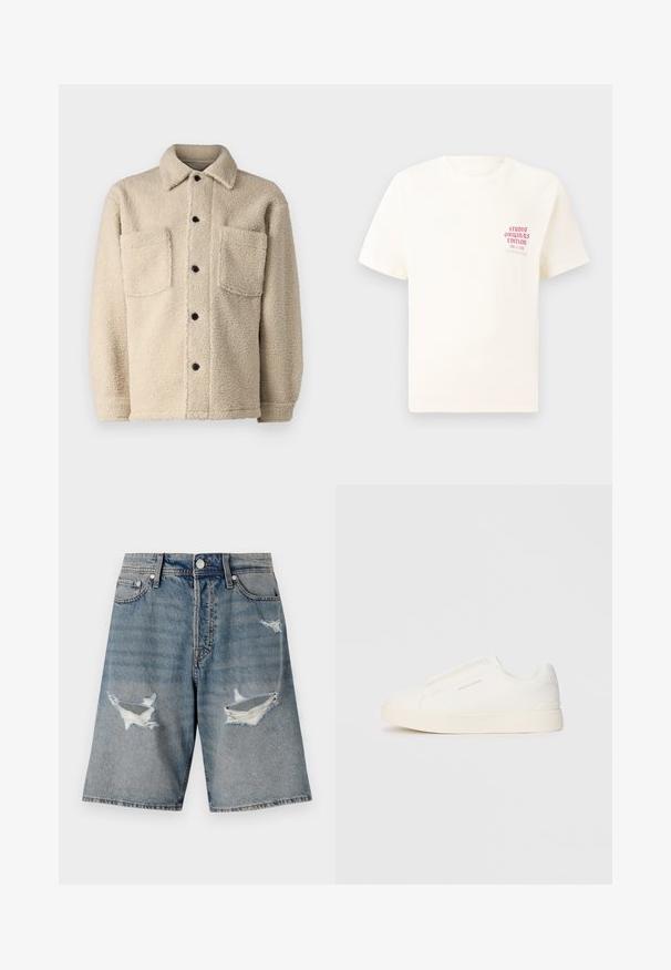 Beige, fleece-sisustettu takki, jossa on kaulus, kaksi etutaskua ja mustat nappikiinnitykset. Teksturoitu kangas näkyvillä ompelutiedoilla.; Valkoinen lyhythihainen t-paita, jossa on punainen teksti "Studio Originals Edition" vasemmalla rinnalla, esitetty neutraalilla harmaalla taustalla.; Vaaleansiniset farkkushortsit, joissa on kuluneita alueita ja hapsutettu alaosa. Varustettu tavanomaisilla taskuilla ja napilla suljettavalla vyötäröllä.; Valkoiset liukusukat, joissa on teksturoitu pinta, paksu pohja ja minimalistikot. Sivulla on brändin logo.