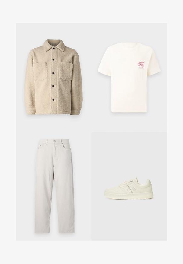 Beige, fleece-lined jacket with a collar, two front pockets, and black button closures. Textured fabric with visible stitching detail.; White short-sleeve T-shirt with red text "Studio Originals Edition" on left chest, displayed on a neutral gray background.; Light beige high-waisted jeans in a straight-leg design. Made of thick cotton fabric with prominent front pockets and a single metal button.; Cream-colored sneaker with perforated detailing, laces, and logo on the side, displayed against a plain white background.