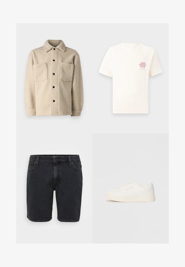 Beige, fleece-sisustettu takki, jossa on kaulus, kaksi etutaskua ja mustat nappikiinnitykset. Teksturoitu kangas näkyvillä ompelutiedoilla.; Valkoinen lyhythihainen t-paita, jossa on punainen teksti "Studio Originals Edition" vasemmalla rinnalla, esitetty neutraalilla harmaalla taustalla.; Mustat farkkushortsit perinteisellä muotoilulla, joissa on etunappikiinnitys, vyölenkit ja viisi taskua. Hieman haalistunut pinta.; Valkoiset liukusukat, joissa on teksturoitu pinta, paksu pohja ja minimalistikot. Sivulla on brändin logo.